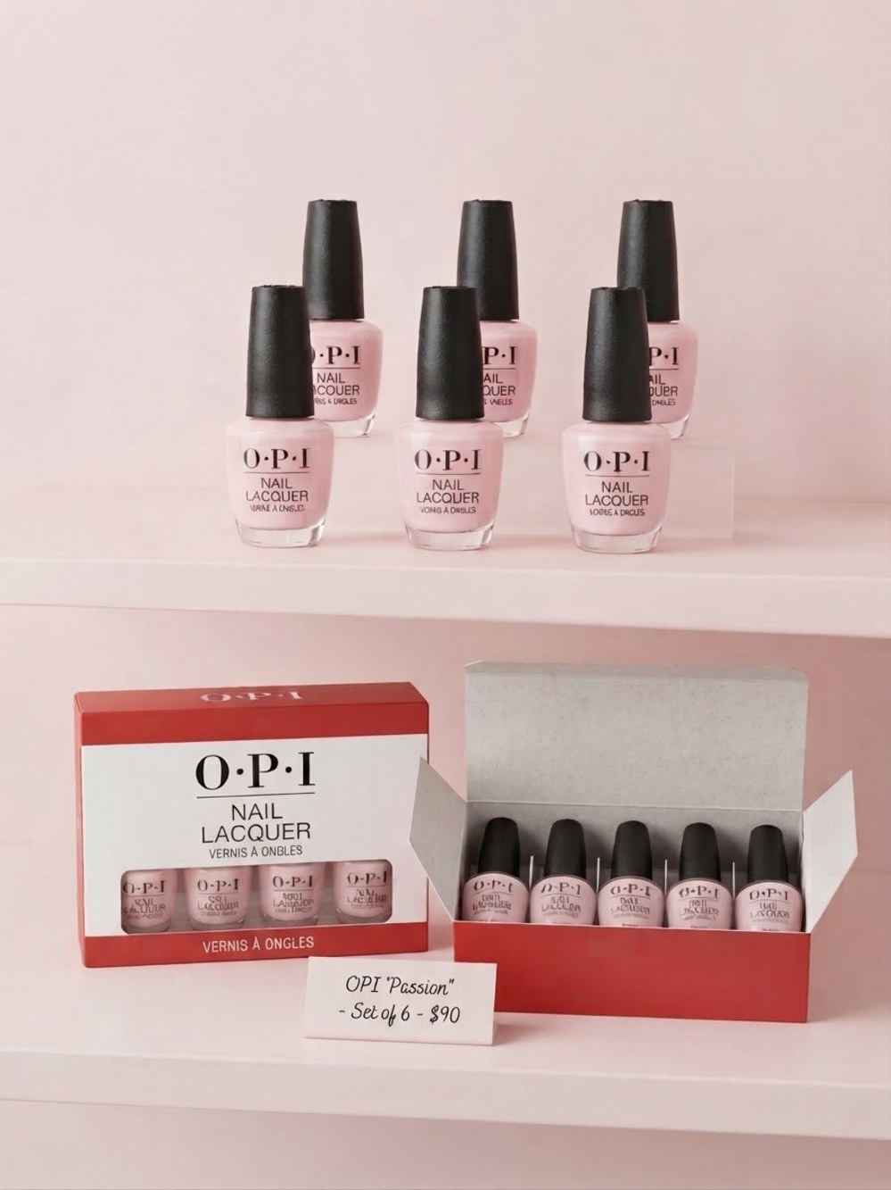 OPI Nail Lacquer in "Passion" pale pink– Complete Set of 6 Bottles, New in Box